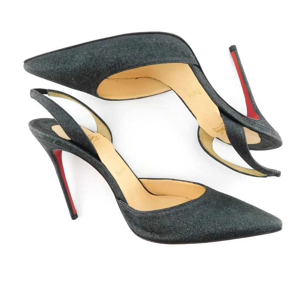CHRISTIAN LOUBOUTIN Black Sparkle Shimmer Glitter Sling Heel Pumps 38